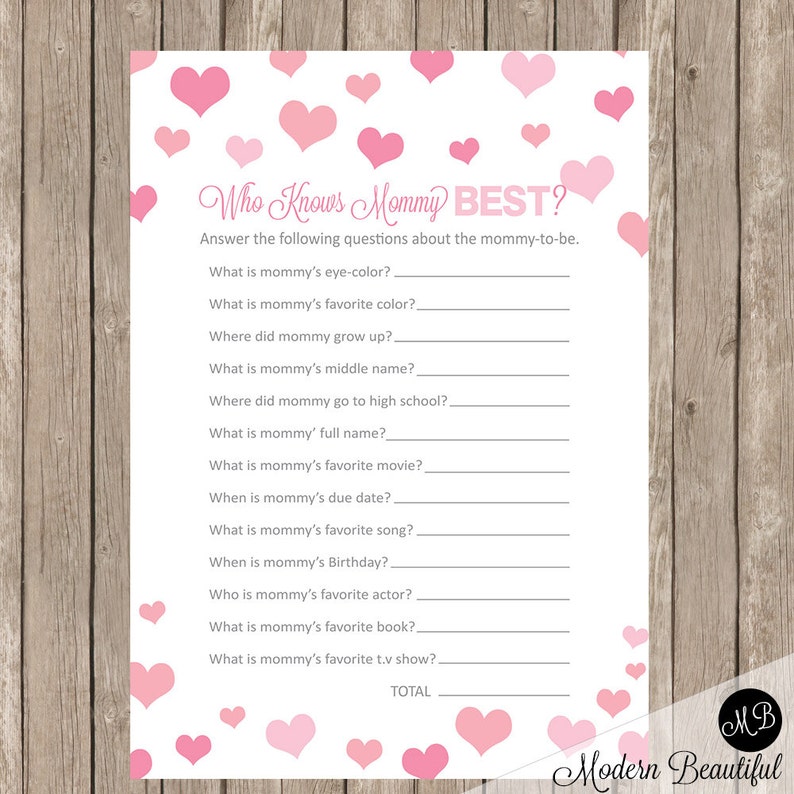 Who Knows Mommy Best Baby Shower Game pink hearts baby Etsy