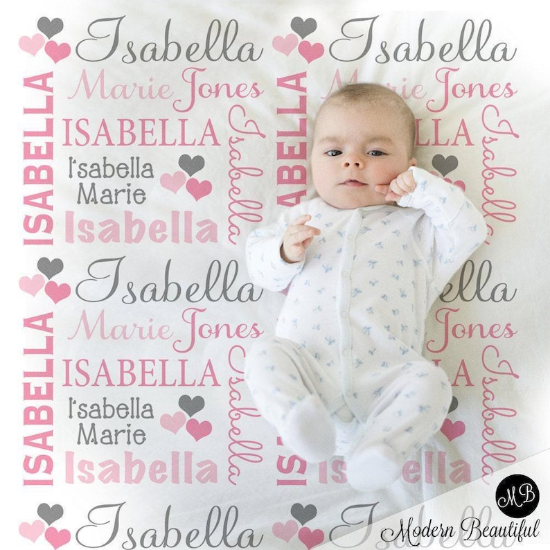 Couverture personnalisée coeurs pour bébé, couverture avec prénom rose et gris image 3