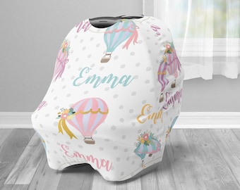 Hot air balloon infant seat cover, girl, flowers, chic flora baby carseat cover, girl personalized baby name seat cover, nursing privacy