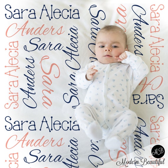 Navy and coral baby girl blanket, girl personalized name blanket, girl baby name blanket, baby shower gift, navy and coral name blanket Il_570xn