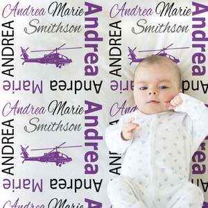Baby girl helicopter blanket, personalized purple helicopter newborn swaddle blanket, helicopter baby gift with name, military helicopter