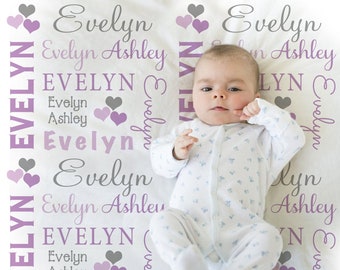 Hearts Name Blanket in purple and gray for Baby Girl, personalized baby gift, blanket, baby blanket, personalized blanket, choose colors