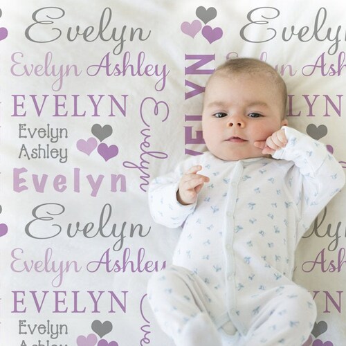 Hearts Name Blanket in Purple and Gray for Baby Girl Etsy