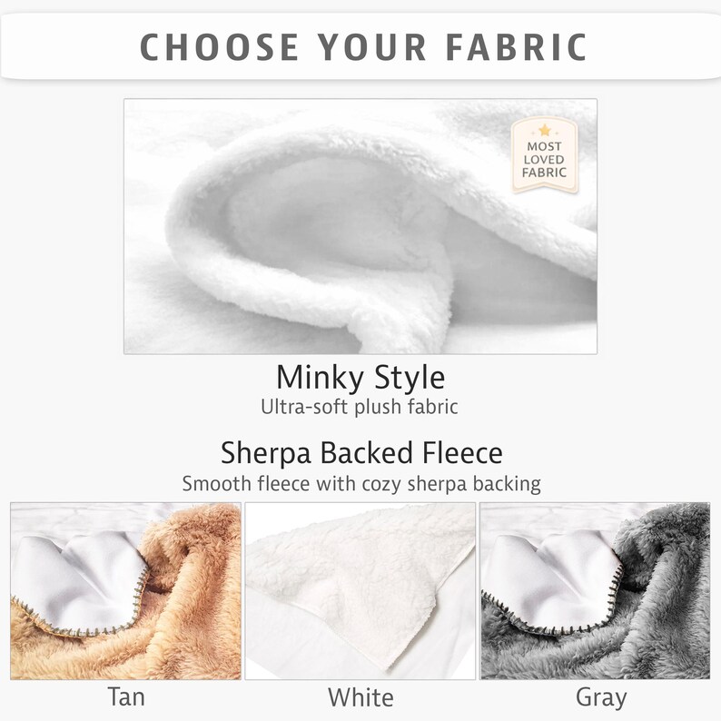 The image is a collage of three different fabric samples, each with a close-up view of the fabric's texture and color. The text above the images reads "CHOOSE YOUR FABRIC" and below the images, the text describes the fabrics as "Minky Style Ultra-soft plush fabric" and "Sherpa Backed Fleece".