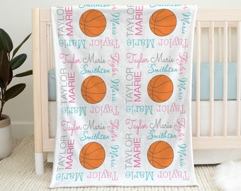 Basketball baby blanket, personalized girls baseketball blanket with name, newborn sports ball swaddle blanket, pink basketball baby gift