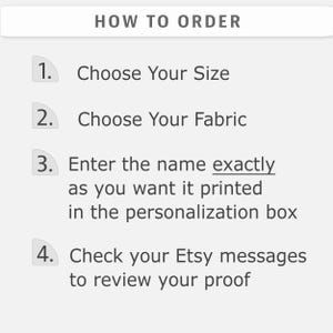 The image is a step-by-step guide on how to order from an Etsy store, providing instructions on choosing the size, fabric, entering the name, and checking the Etsy messages to review the proof.