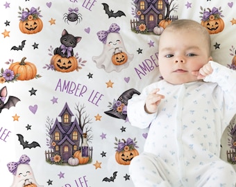 Personalized Halloween Baby Name Blanket, Girl Baby Swaddle Gift with Bats, Ghosts, Pumpkins, Spiders Spooky Blanket, Halloween Baby Gift