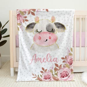 Personalized girl cow blanket flowers cute cow custom newborn calf name blanket floral gift baby girl farm animal cow flowers baby gift