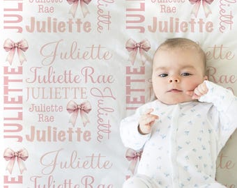 Personalized Baby Girl Blanket: Pink Bow Swaddle, Coquette Name Blanket