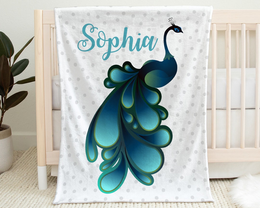 Peacock Baby Blanket With Name Newborn Blanket With Peacocks Etsy