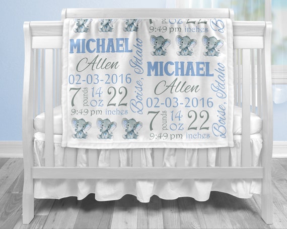 Elephant birth Stats baby gift blanket, elephant boy baby blanket, personalized blanket, stat blanket, boy baby blanket, baby shower gift- Il_570xn