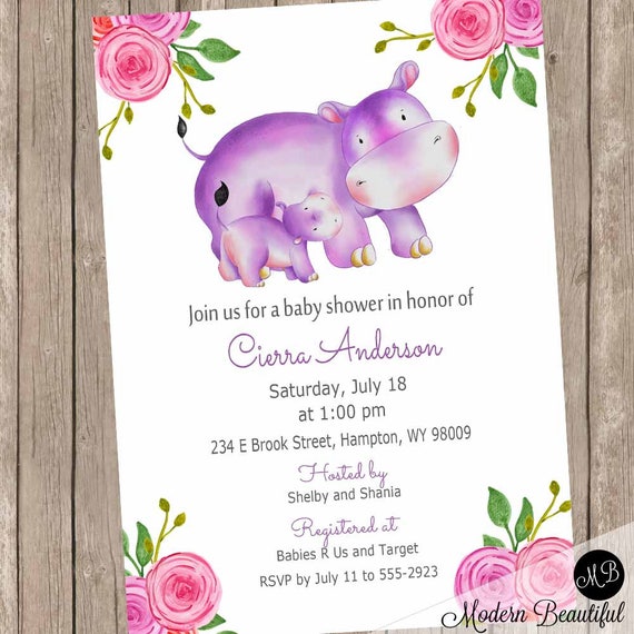 Purple And Pink Girl Hippo Baby Shower Invitation Floral Baby Purple And Pink Girl Hippo Baby Shower Invitation Floral Baby