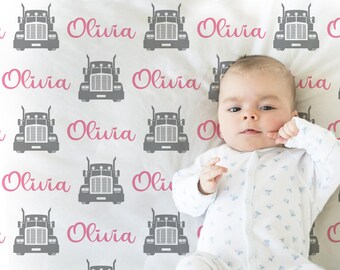 Pink trucker baby blanket with name, diesel girls newborn blanket, personalized big rig theme baby gift, trucker swaddle, boys or girls