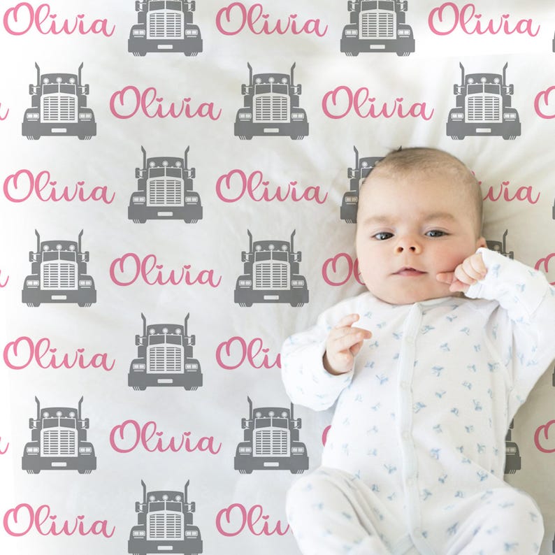 Pink trucker baby blanket with name, diesel girls newborn blanket, personalized big rig theme baby gift, trucker swaddle, boys or girls image 1