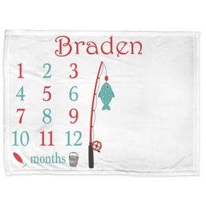 Fishing monthly milestone baby blanket fisherman baby growth blanket personalized fishing gift for new baby boy or girl baby shower gift