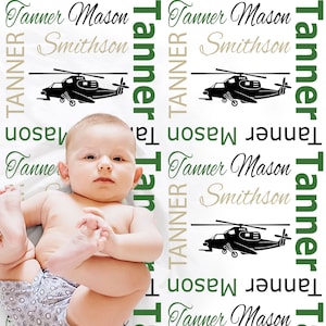 Personalized helicopter baby blanket, newborn helicopter baby gift with name, boys or girls helicopter military pilot swaddle blanket