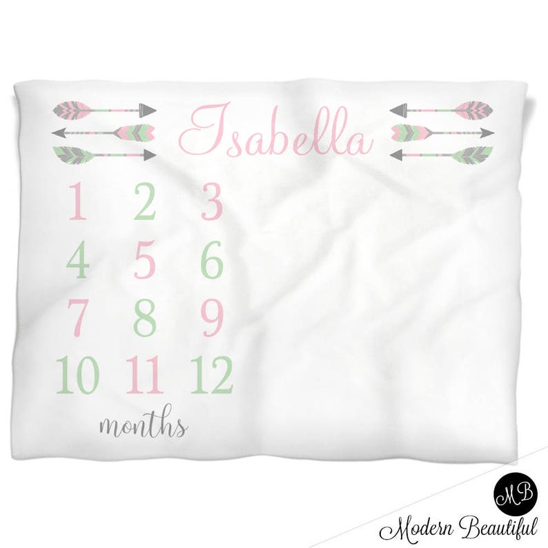 Feather arrow milestone photo baby blanket girl baby blanket personalized baby gift baby growth blanket- monthly milestone baby blanket