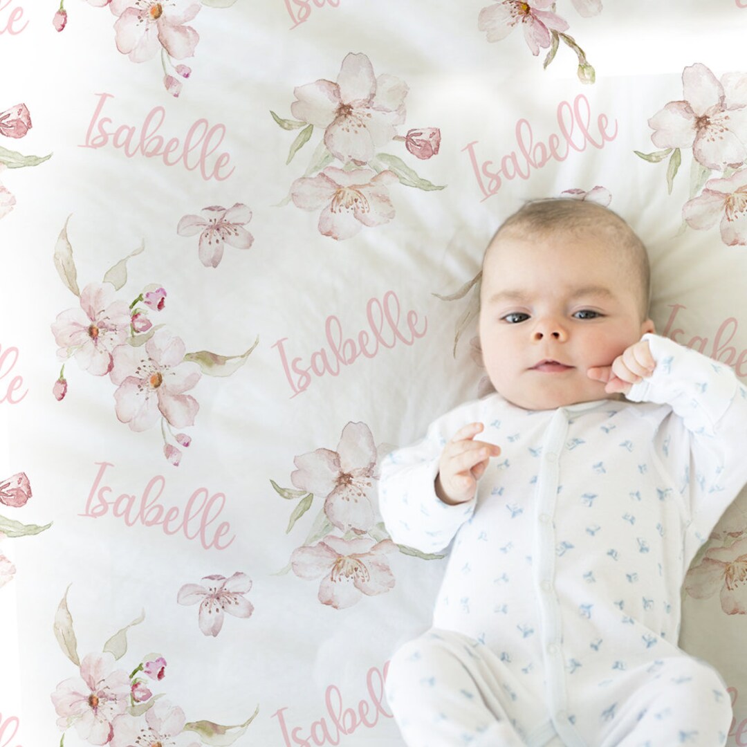 Personalized Floral Baby Blanket, Cherry Blossoms Newborn Swaddle