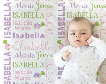 Personalized Turtle Baby Blanket Animal Gift for Girl