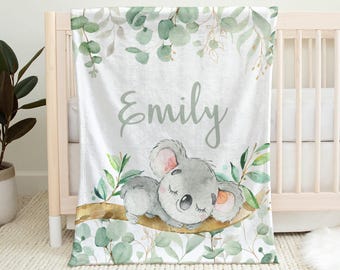 Koala baby blanket with eucalyptus leaves, newborn swaddle blanket with name, koala baby gift, (CHOOSE COLORS)