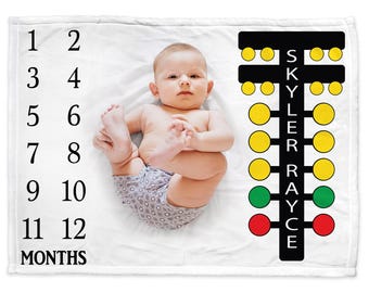 Race tree milestone baby blanket, boy or girl racing name monthly blanket, personalized newborn drag racing baby gift, (CHOOSE COLORS)