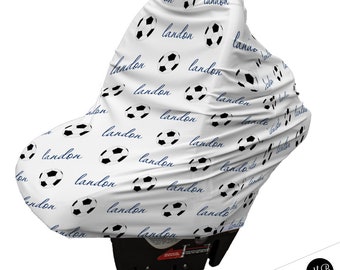 Soccer car seat canopy cover, boy soccer ball custom infant car seat cover, boy personalized baby name carseat cover-nursing privacy cover