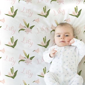 Lily personalized girls blanket, newborn baby name blanket with lily flowers, spring baby girl name swaddle, floral lillies baby gift