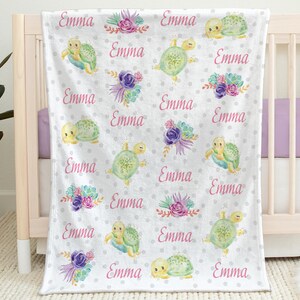 Personalized turtle blanket baby girl newborn turtle blanket with name custom sea animal under the sea baby girl gift new mom baby shower