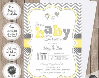 Hearts baby shower invitation, chevron dangle hearts shower invite, neutral color invitations, baby boy or girls digital or printed cards