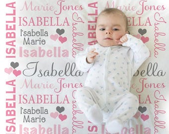Personalized Hearts Baby Blanket, Pink and Gray Name Blanket