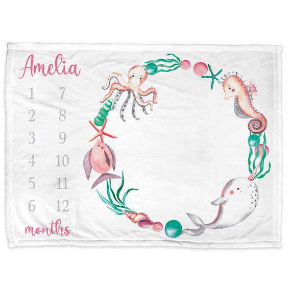 Ocean Milestone Blanket in pink, Ocean Animals personalized baby growth