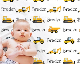 Personalized construction name blanket, dump truck newborn baby blanket, bull dozer baby gift, construction theme swaddle, work truck baby