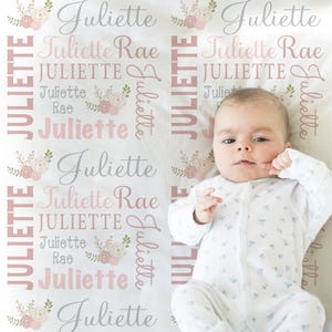Personalized baby girl blanket pink flower name blanket custom floral girls swaddle personalized baby shower gift for new mom boho newborn