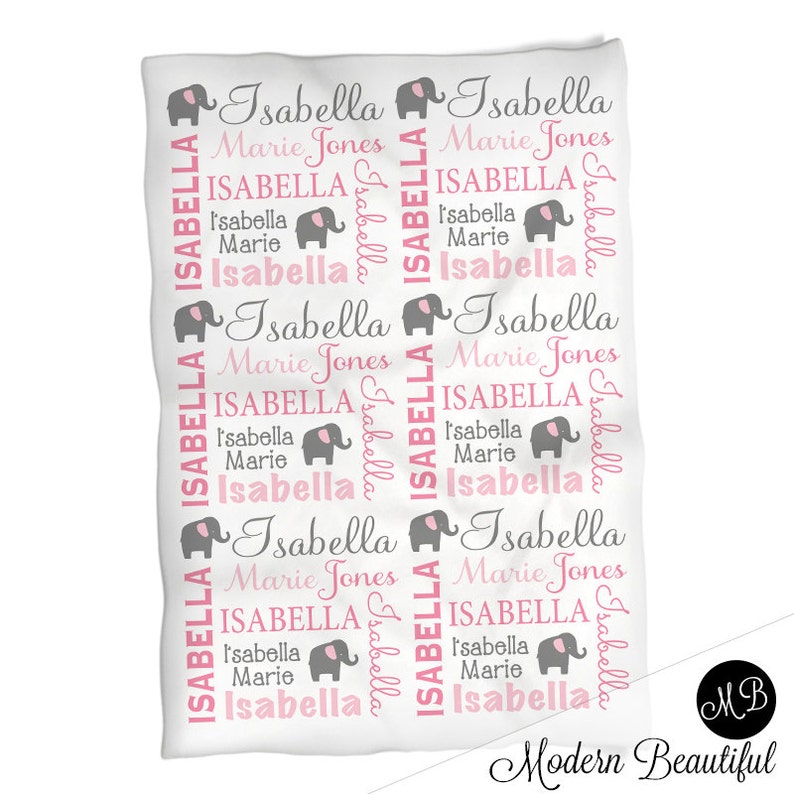 Elephant Name Blanket in pink and gray for Baby Girl, personalized baby gift, blanket, baby blanket, personalized blanket, choose colors image 2