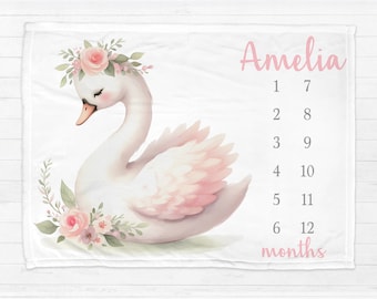 Swan Monthly Milestone blanket personalized - pink  flowers newborn growth tracker