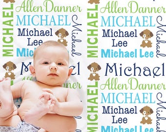 Puppy dog baby blanket personalized boys newborn name blanket with dogs puppy baby gift blue boy dog swaddle boy or girls, (CHOOSE COLORS)