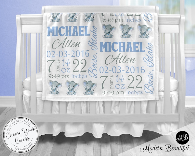 Elephant Birth Stats Baby Blanket Elephant Boy Name Blanket Etsy