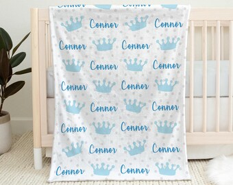 Blue prince crown baby blanket, personalized little boy prince baby gift, newborn prince swaddle blanket with name, royal baby boy blanket
