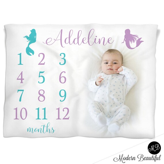 Mermaid milestone photo baby blanket, personalized baby gift, girl baby