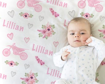 Personalized Girl Dirt Bike Baby Blanket, Pink Floral Motocross Swaddle, Custom Name Motorcycle Baby Shower Gift
