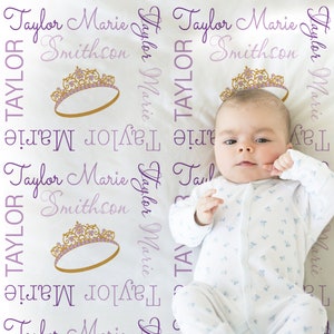 Princess crown baby blanket, personalized tiara name blanket, girls newborn princess swaddle, purple baby gift with crown, CHOOSE COLORS image 2