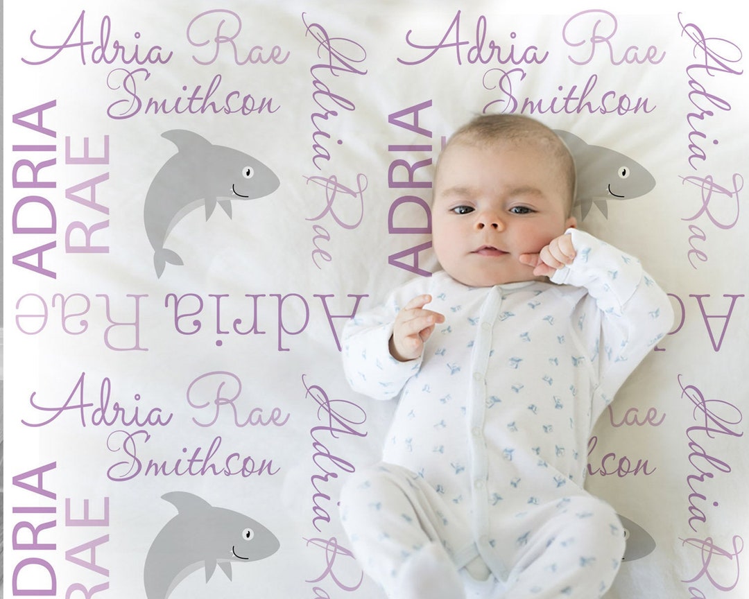 Shark Baby Blanket, Baby Girl Personalized Name Blanket, Shark Boy or