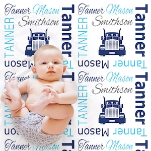 Big rig baby blanket, boy diesel baby gifts, trucker theme, truck driver name blanket, custom personalized baby, toddler or big kids blanket