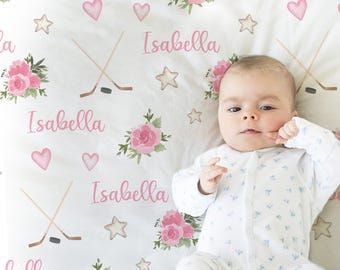 Personalized Girl Hockey Pink Flowers Baby Name Blanket