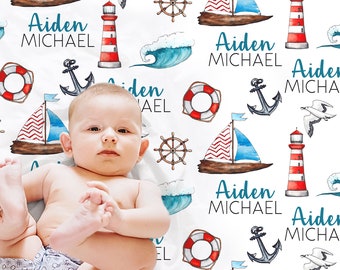 Ocean baby blanket, personalized seashore newborn name gift, sea theme baby gift, sailboat, wave, lighthouse, seagull, anchor swaddle