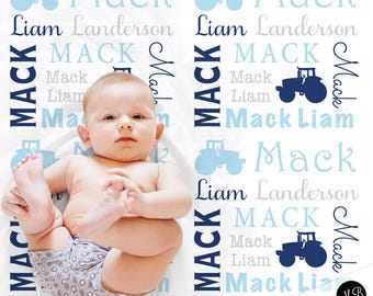 Personalized Tractor Baby Blanket in Blue Farm Gift for Newborn or Toddler