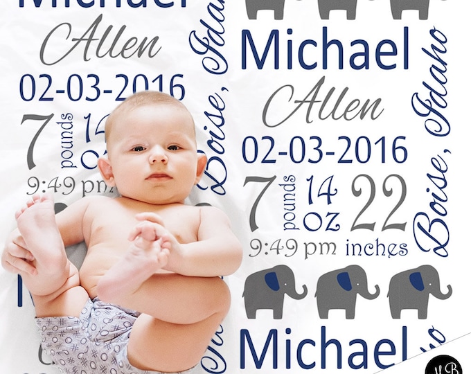 Elephant Baby Girl Name Blanket Personalized Birth Announcenent Pink