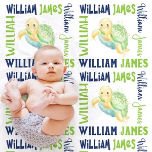 Baby boys sea turtle blanket, watercolor baby boy sea animal name blanket, personalized newborn baby gift, under the sea swaddle blanket