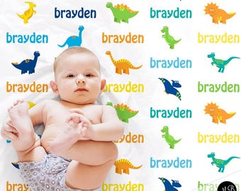 Personalized Dinosaur Baby Blanket, Boys Newborn Swaddle Gift, Bright Colors