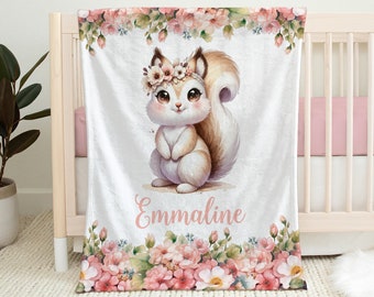 Squirrel baby blanket, personalized  flowers girl newborn baby name blanket, spring watercolor cute girl swaddle, floral baby gift